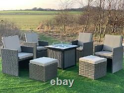 Fire Pit Table Concrete Top Set with4 High Back Chairs, Ottomans, Cushions & Cover