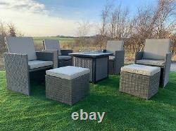 Fire Pit Table Concrete Top Set with4 High Back Chairs, Ottomans, Cushions & Cover