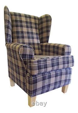 Fireside Wing Back Arm Chair Lana Tartan Black & Grey Fabric Wooden Legs