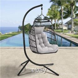 Foldable Egg Rattan Chair with Cushion & Pillow, Sturdy Steel Iron Framed, Black