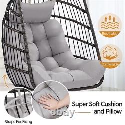 Foldable Egg Rattan Chair with Cushion & Pillow, Sturdy Steel Iron Framed, Black