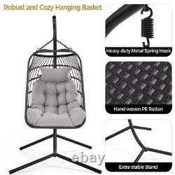 Foldable Egg Rattan Chair with Cushion & Pillow, Sturdy Steel Iron Framed, Black