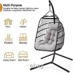 Foldable Egg Rattan Chair with Cushion & Pillow, Sturdy Steel Iron Framed, Black