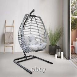 Foldable Grey Rattan Egg Chair Swing 100kg Capacity With Stand & Cushion Outdoor