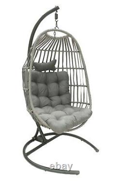 Folding Luxury Rattan Swing Seat, Hammock, Hanging Chair Grey cushion & stand
