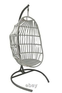 Folding Luxury Rattan Swing Seat, Hammock, Hanging Chair Grey cushion & stand