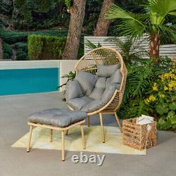 Garden Egg Chair With Footstool Natural or Dark Grey Frame With Grey Cushion