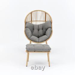 Garden Egg Chair With Footstool Natural or Dark Grey Frame With Grey Cushion