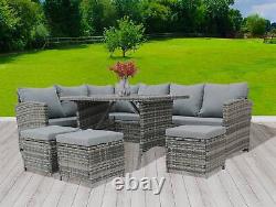 Garden Rattan Furniture Set 9 Seater Lounger Sofa Footstool Glass Table Grey
