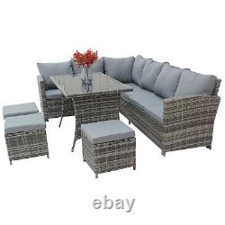 Garden Rattan Furniture Set 9 Seater Lounger Sofa Footstool Glass Table Grey