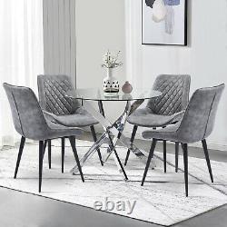 Glass Dining Table and 2/4 Chairs Faux Suede Cushioned Cross Legs Kitchen Sets