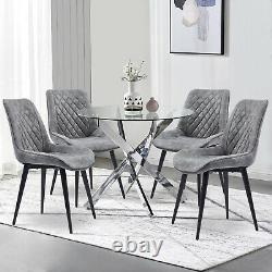 Glass Dining Table and 2/4 Chairs Faux Suede Cushioned Cross Legs Kitchen Sets