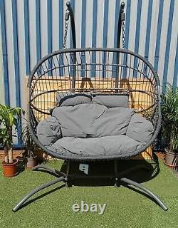 Grey Double Hanging Egg Chair Hammock Two Person Folding Swinging Garden Relaxer