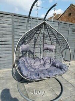 Grey Double Hanging Rattan Swing Patio Chair Weave Egg w Cushion Footrest Cover