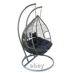 Grey Double Hanging Rattan Swing Patio Chair Weave Egg w Cushion Footrest Cover