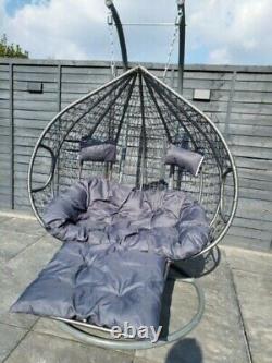 Grey Double Hanging Rattan Swing Patio Chair Weave Egg w Cushion Footrest Rainc