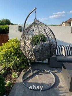 Grey Egg Swing Patio Garden Chair Rattan Weave Egg Cushion