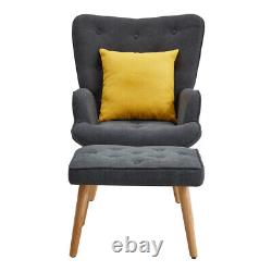 Grey Fabric Upholstered Wing Back Armchair Lounge Chair With Footstool & Cushion