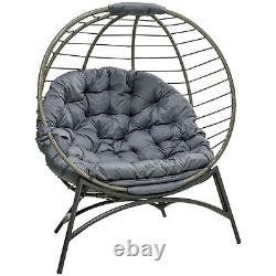 Grey Freestanding Egg Chair Foldable Rattan Basket Indoor Outdoor Seat + Cushion