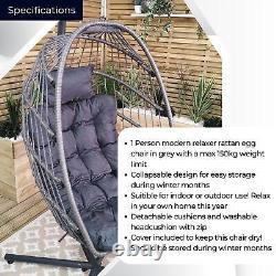 Grey Hanging Egg Chair With Stand Waterproof Cover And Cushions