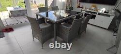 Grey Luxury Rattan Garden Dining Table with glass top, 6 Chairs set with cover
