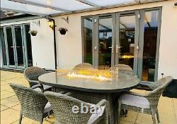Grey Rattan GAS fire pit dining table & 6 chairs/cushions fire stones/wind guard