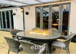 Grey Rattan GAS fire pit table & 6 chairs/cushions incl fire stones & wind guard