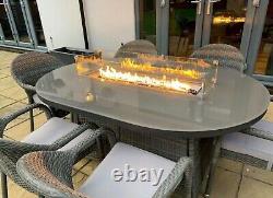 Grey Rattan GAS fire pit table & 6 chairs/cushions incl fire stones & wind guard
