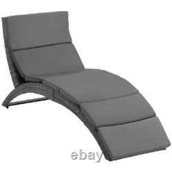 Grey Rattan Sun Lounger Curved Folding Chair Chaise Lounge Cushion Garden Patio