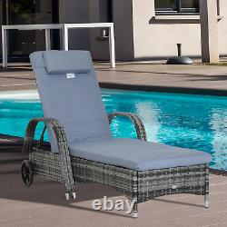 Grey Rattan Sun Lounger Wheels Adjustable Recliner Chair Cushion Garden Wicker