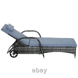 Grey Rattan Sun Lounger Wheels Adjustable Recliner Chair Cushion Garden Wicker