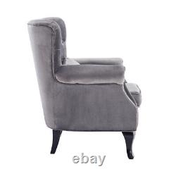 Grey Velvet Armchair Sofa Button Tufted High Back Upholstered Seat Accent Chair