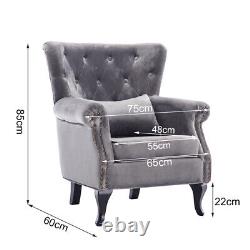 Grey Velvet Armchair Sofa Button Tufted High Back Upholstered Seat Accent Chair