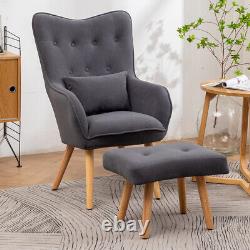 Grey Velvet Upholstered Lounge Armchair Wing Back Chair With Footstool & Cushion