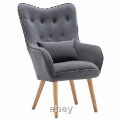 Grey Velvet Upholstered Lounge Armchair Wing Back Chair With Footstool & Cushion