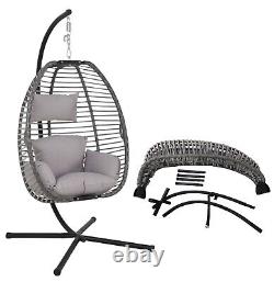 HERCULES 120kg CAPACITY FOLDABLE RATTAN EGG CHAIR WITH STAND + CUSHION / PILLOW