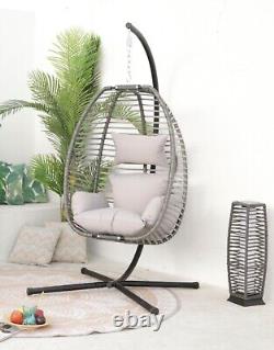 HERCULES 120kg CAPACITY FOLDABLE RATTAN EGG CHAIR WITH STAND + CUSHION / PILLOW