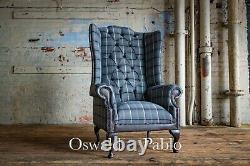 Handmade Grey Tweed Wool & Leather Chesterfield Wing Chair, High Back