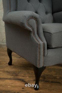 Handmade Grey Wool Fabric Chesterfield Wing Armchair, High Back Fireside Chair