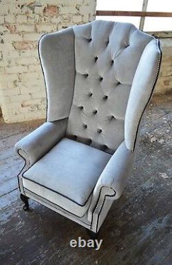 Handmade Silver Grey Velvet Chesterfield Wing Chair, High Back Black Details