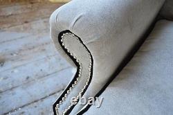 Handmade Silver Grey Velvet Chesterfield Wing Chair, High Back Black Details