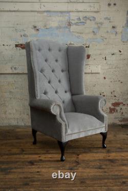 Handmade Silver Grey Velvet Fabric Chesterfield Wing Arm Chair, High Back