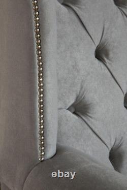 Handmade Silver Grey Velvet Fabric Chesterfield Wing Arm Chair, High Back