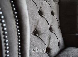 Handmade Slate Grey Velvet Chesterfield Wing Armchair, Fabric High Back