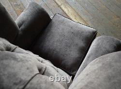 Handmade Slate Grey Velvet Chesterfield Wing Armchair, Fabric High Back