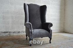 Handmade Slate Grey Velvet Fabric Chesterfield Wing Chair, High Back