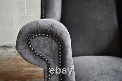 Handmade Slate Grey Velvet Fabric Chesterfield Wing Chair, High Back