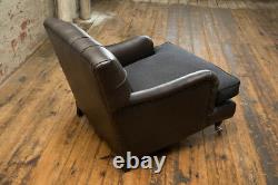 Handmade Vintage Black Leather Chesterfield Lounge Chair, Charcoal Grey Cushion