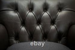 Handmade Vintage Black Leather Chesterfield Lounge Chair, Charcoal Grey Cushion