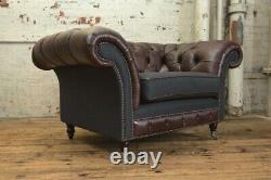 Handmade Vintage Brown Leather & Charcoal Grey Wool Chesterfield Snuggle Chair